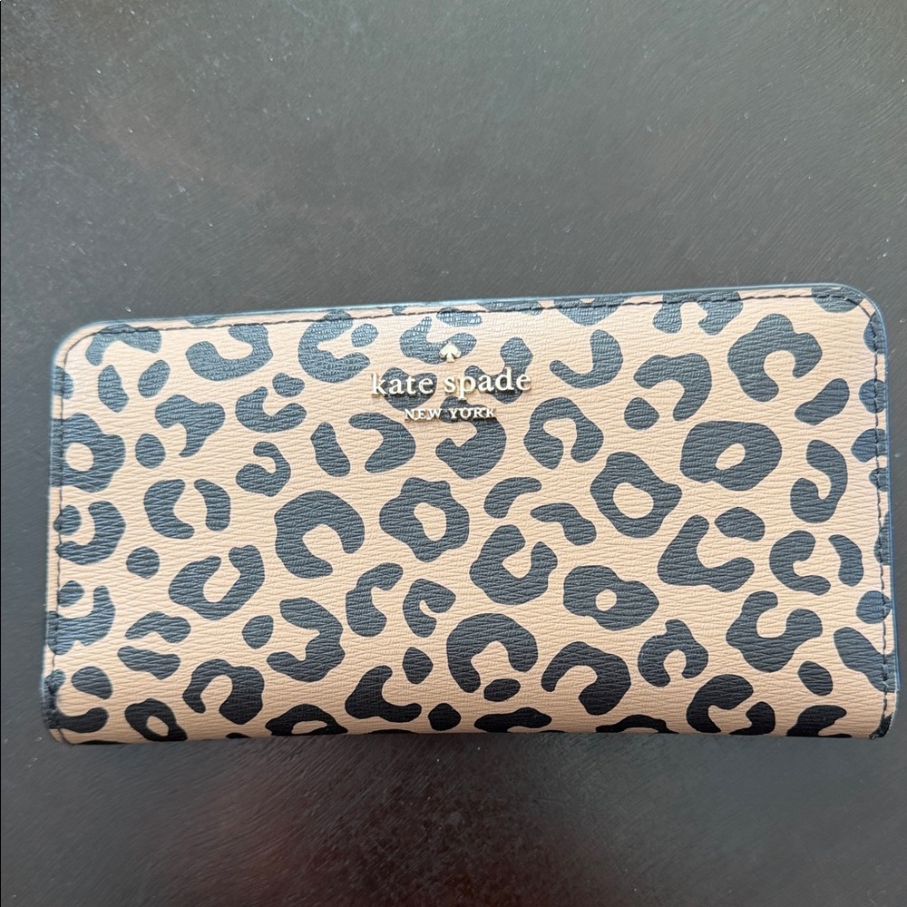 kate spade Leopard-Print Zip Around Wallet in Tan and Black